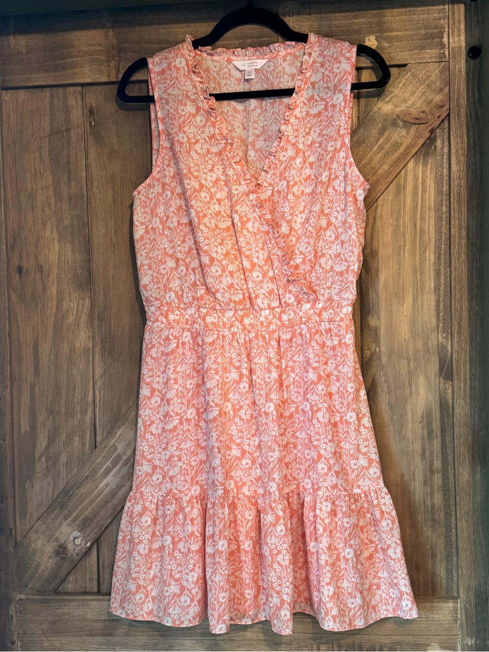 LC Lauren Conrad Coral and White Floral Sleeveless Faux-Wrap Mini Dress